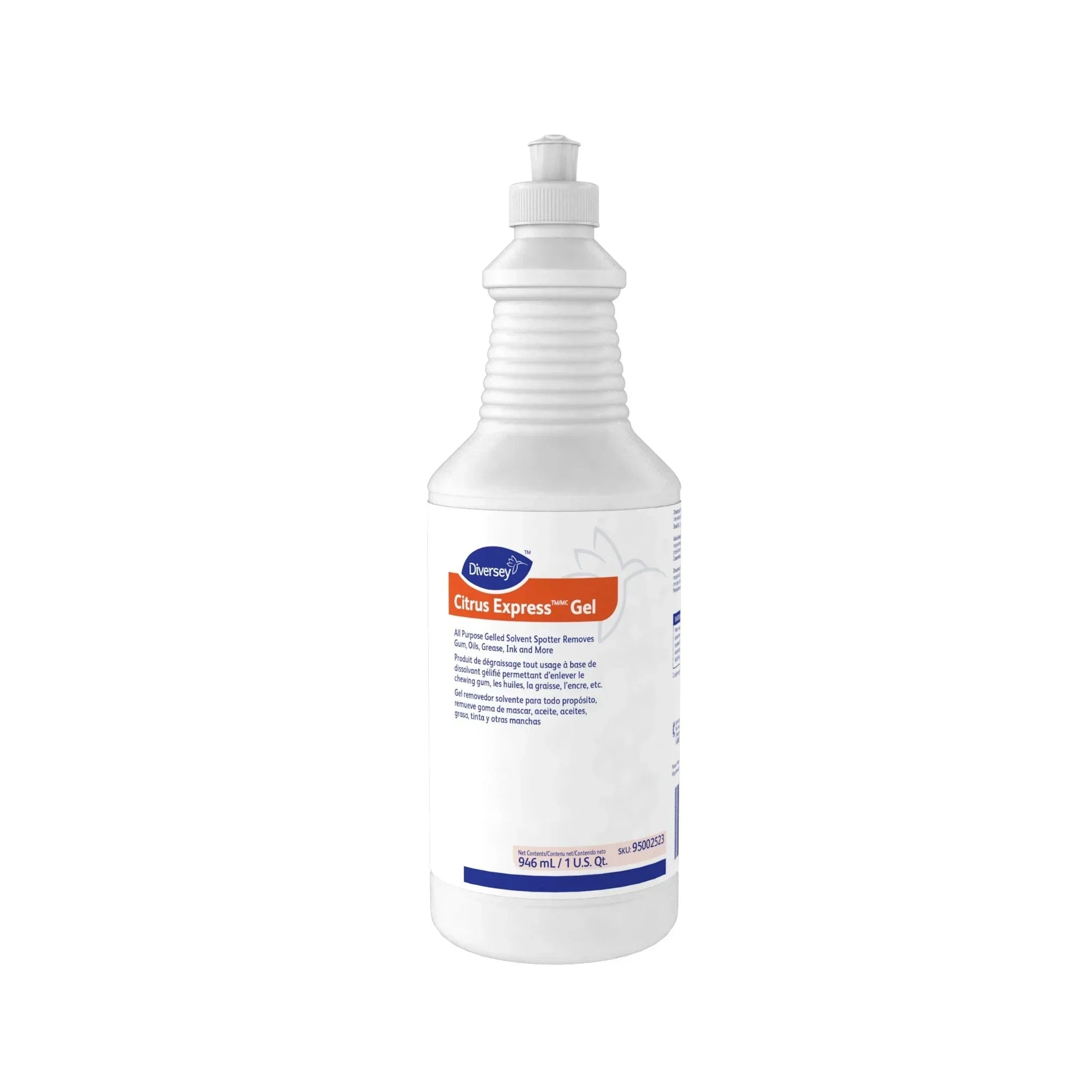 Botella de 946ml del removedor de manchas y chicles Citrus Express de Diversey.