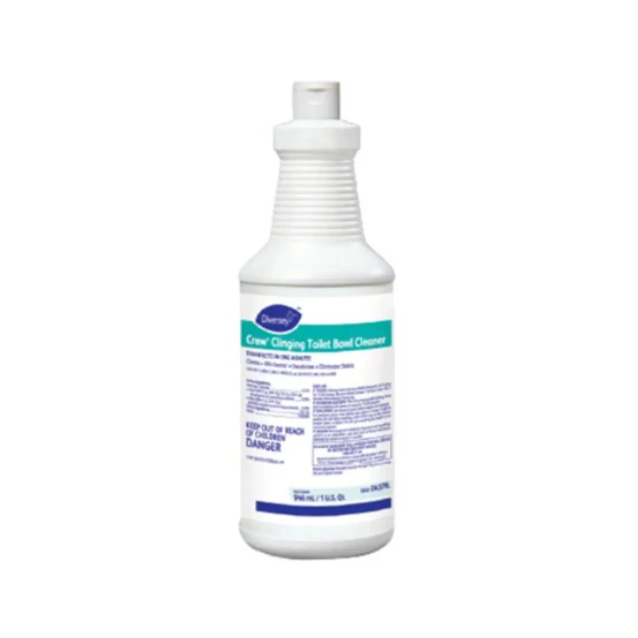 Botella de 32oz del limpiador desinfectante para inodoros Crew Clinging TBC, con su característico cuello angulado.
