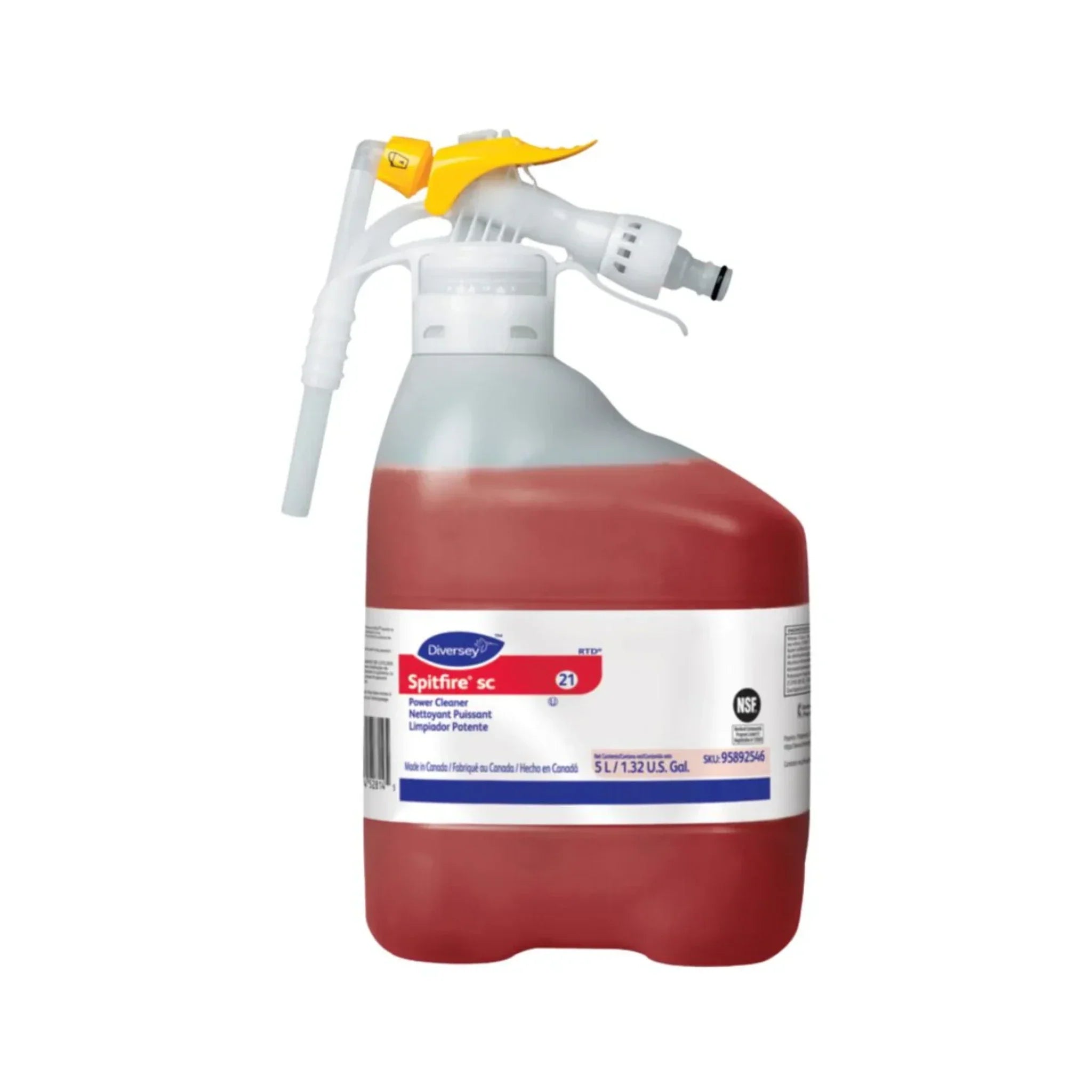 Botella J-Flex del limpiador de alto poder Spitfire de Diversey, mostrando el líquido rojo y la conexión para el dosificador.