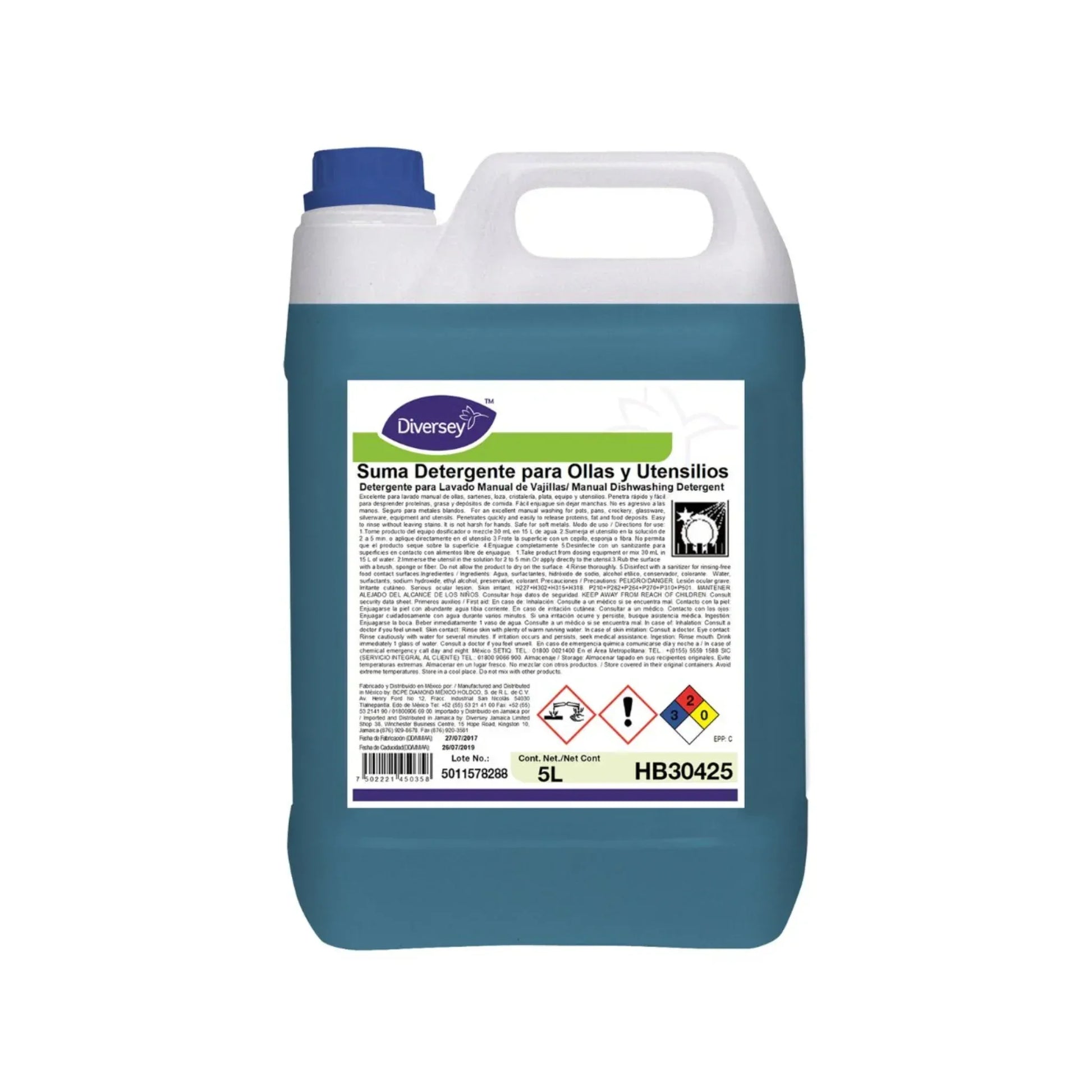 Envase de 5L del detergente concentrado para lavado manual Suma Detergente de Ollas y Utensilios de Diversey.