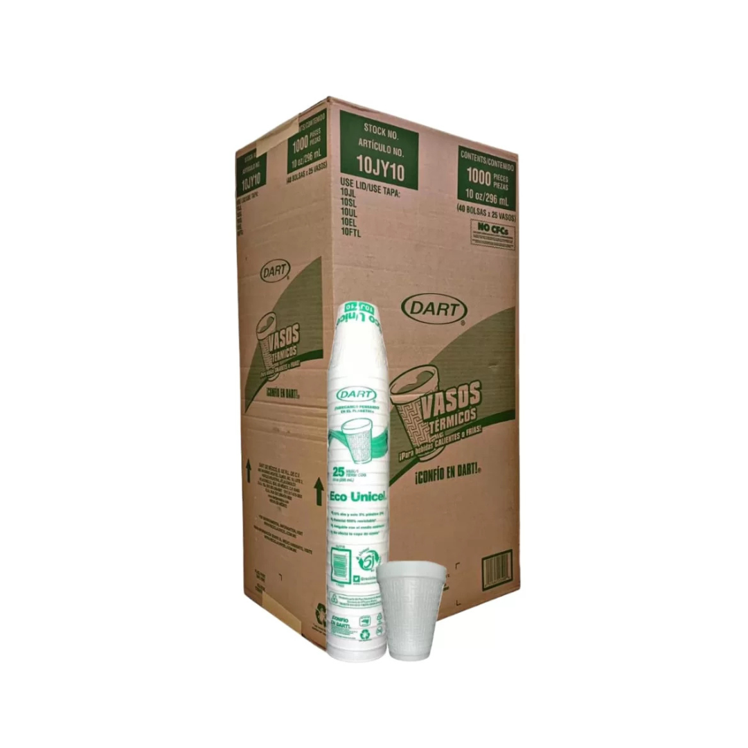 Vasos térmicos DART 10 oz | Caja con 1,000 piezas | Vaso unicel para bebidas calientes y frías