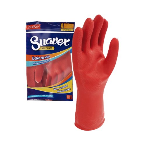 adex-suavex-multiusos-guante-rojo-antiderrapante.jpg: Guante Suavex Multiusos de ADEX en color rojo, mostrando su palma con grabado antiderrapante