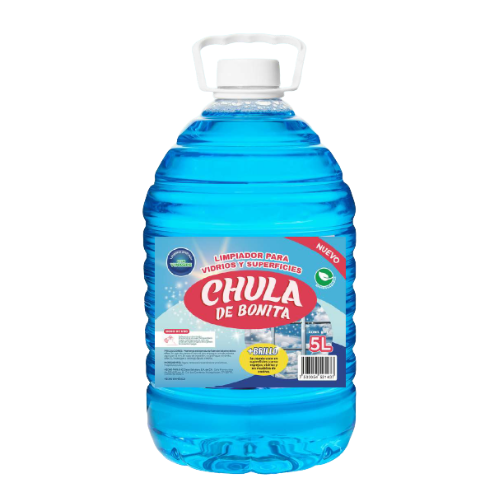 chula-de-bonita-limpiador-vidrios-superficies-5l.jpg: Garrafa de 5 litros de Limpiador para Vidrios y Superficies de CHULA DE BONITA, con etiqueta