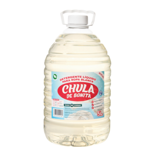 detergente-liquido-chula-de-bonita-ropa-blanca-5l.jpg: Garrafa de 5 litros de detergente líquido CHULA DE BONITA para ropa blanca, mostrando un diseño limpio y moderno