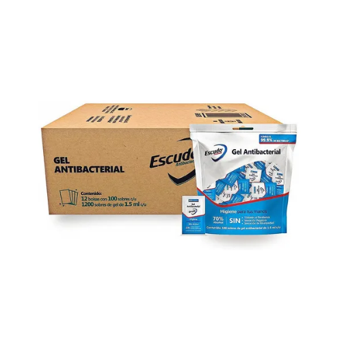 Gel Antibacterial Escudo Caja con 1,200 Sobres.