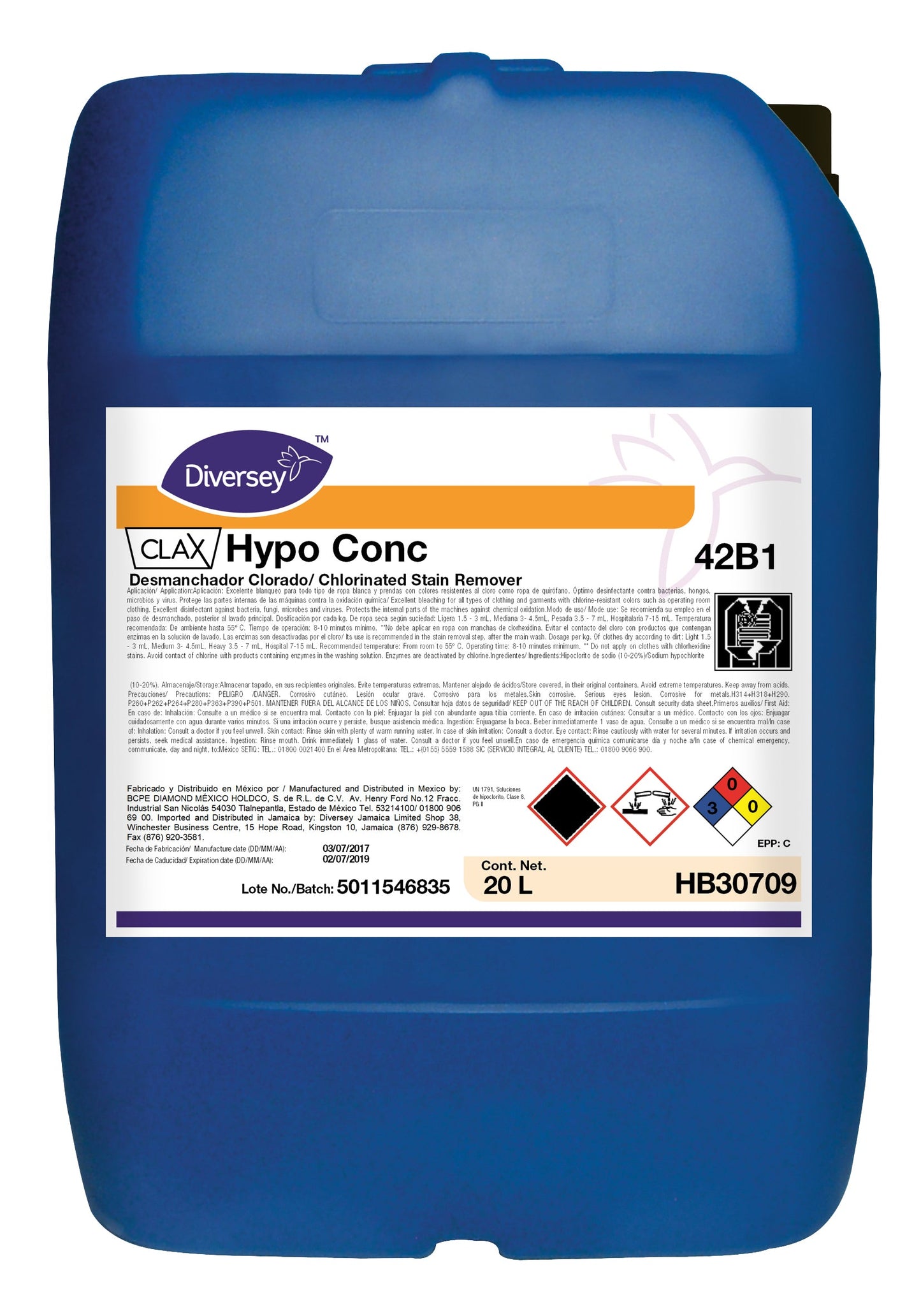Diversey® Cuidado de Prendas Clax Hypo Conc. 42B1 (HB30709 - HB30655 - HB30656 )