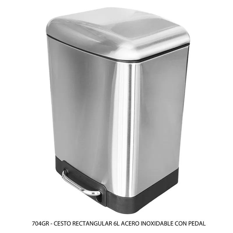 Bote de basura de acero inoxidable — 6 Litros — Rectangular — Con pedal