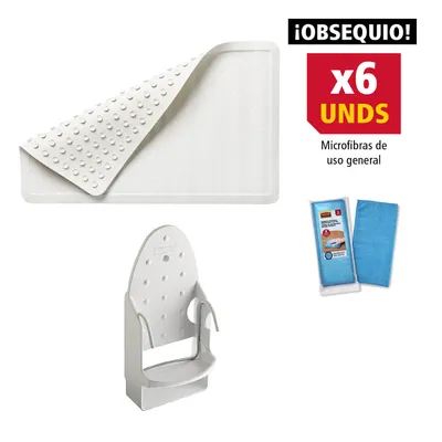 Combo 5: Organizador de hierro de 5,25" x 15,5" blanco +  Tapete para baño Safti Grip® + Obsequio Paño de microfibra de uso general (6 pzs)