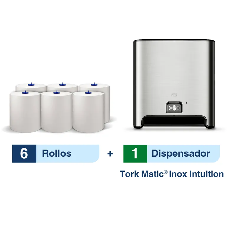 Tork Matic® Dispensador de Toallas de papel en rollo para manos con Sensor Acero Inoxidable  + Caja con 6 Rollos 280 m c/u