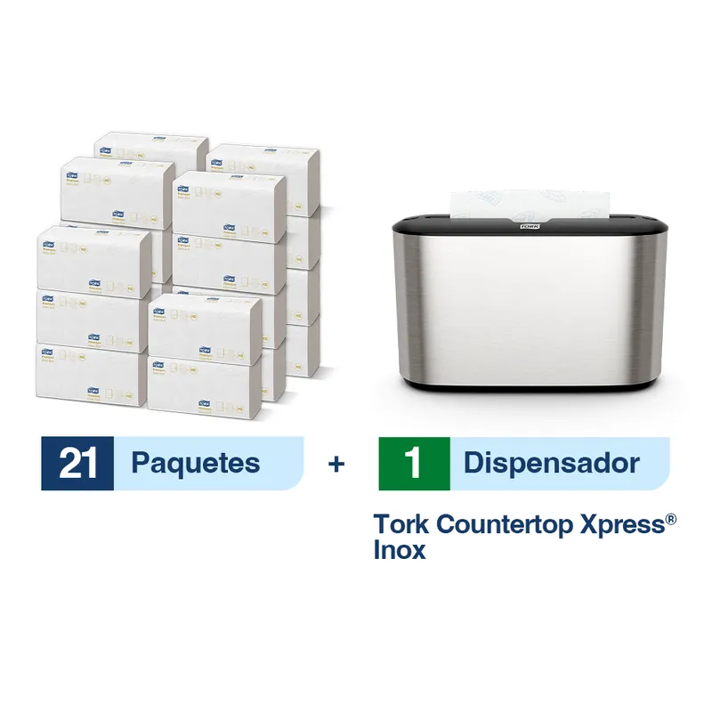 Tork Xpress® Dispensador de Toalla Interdoblada Countertop Acero Inoxidable + 21 paq toallas | 100 pzas c/u