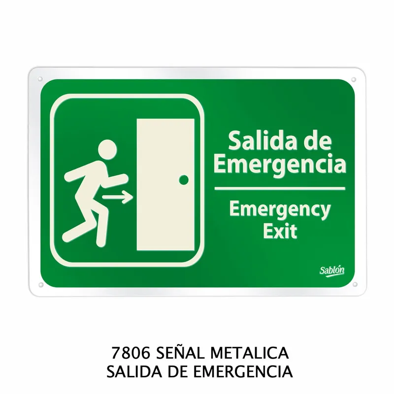 Señal salida de emergencia — Señal Metálica — Visibilidad de 0 a 12 metros — Luminiscencia: Más de 4 metros