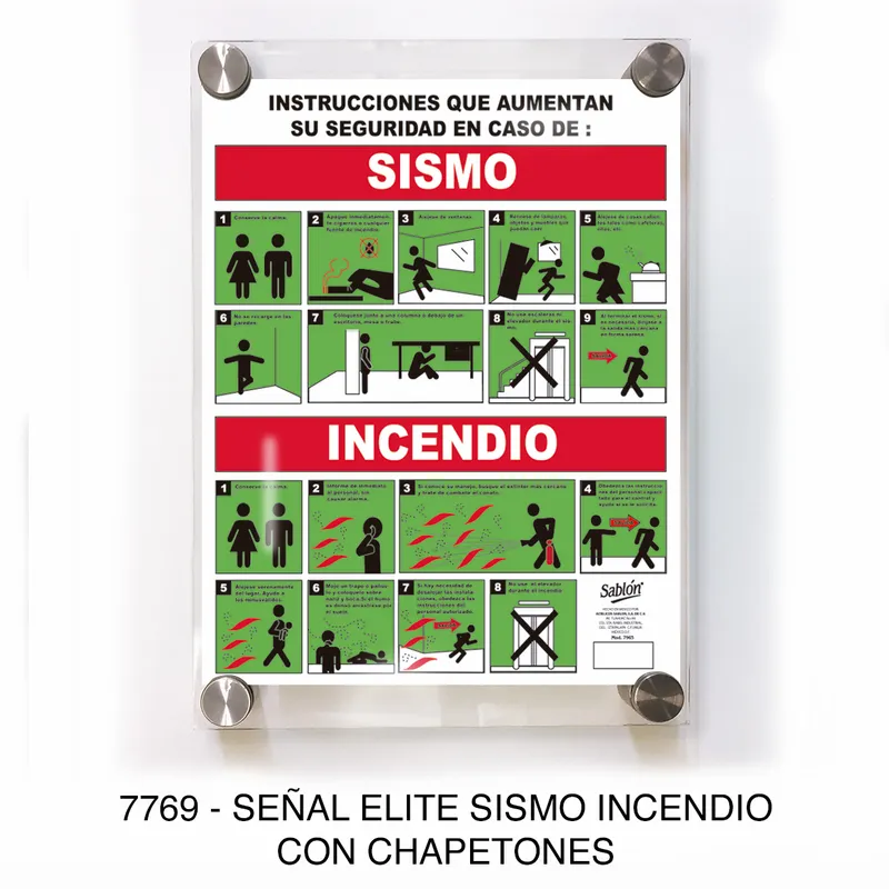 Señal de sismo e incendio — Placa de Acrílico Autoadherible — Visibilidad de 0 a 12 metros — Elite