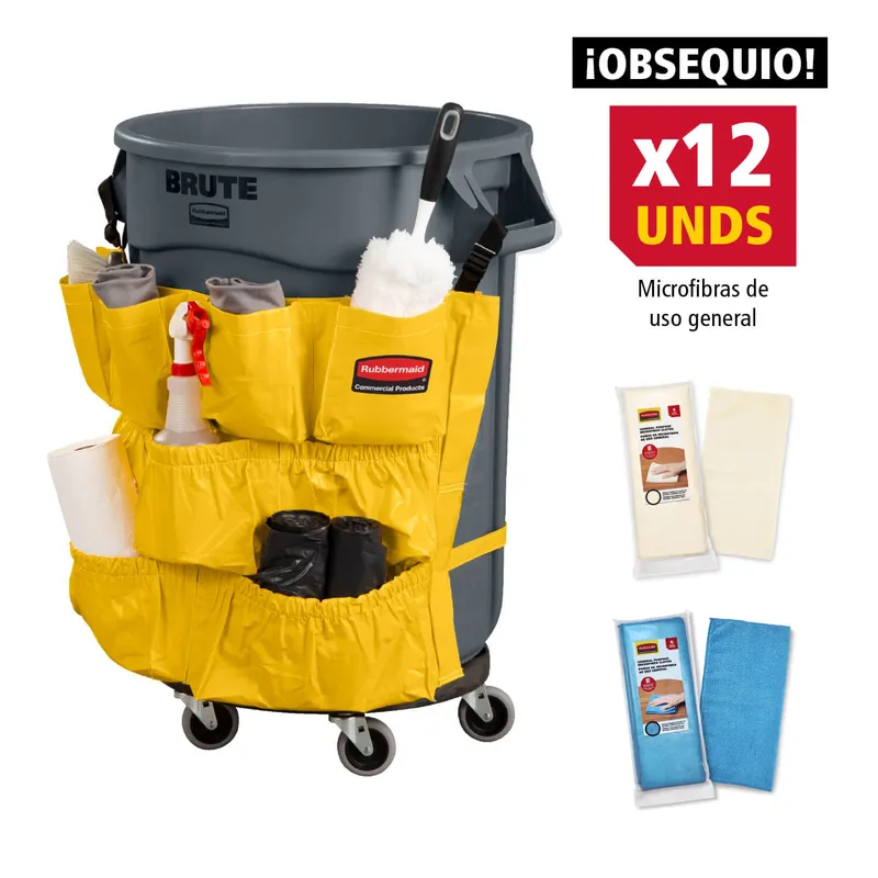 Combo 1 BRUTE®: Bolsa organizadora + Plataforma con ruedas + Contenedor de basura  (121 L) contenedores Dolly + Obsequio Pack 2 de microfibras