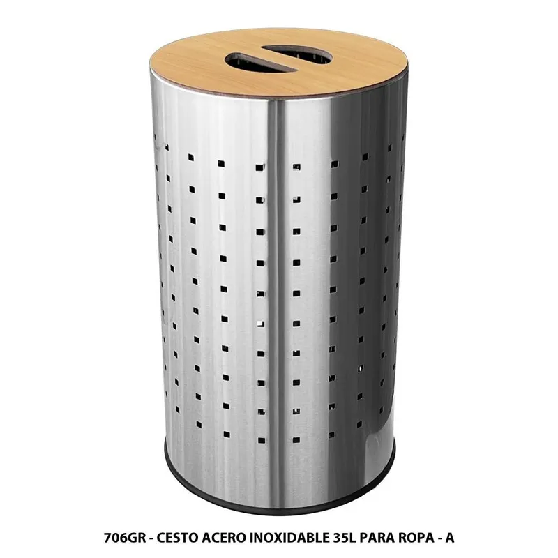 Bote para ropa de acero inoxidable — 35 Litros — Redondo — Con Tapa de Madera