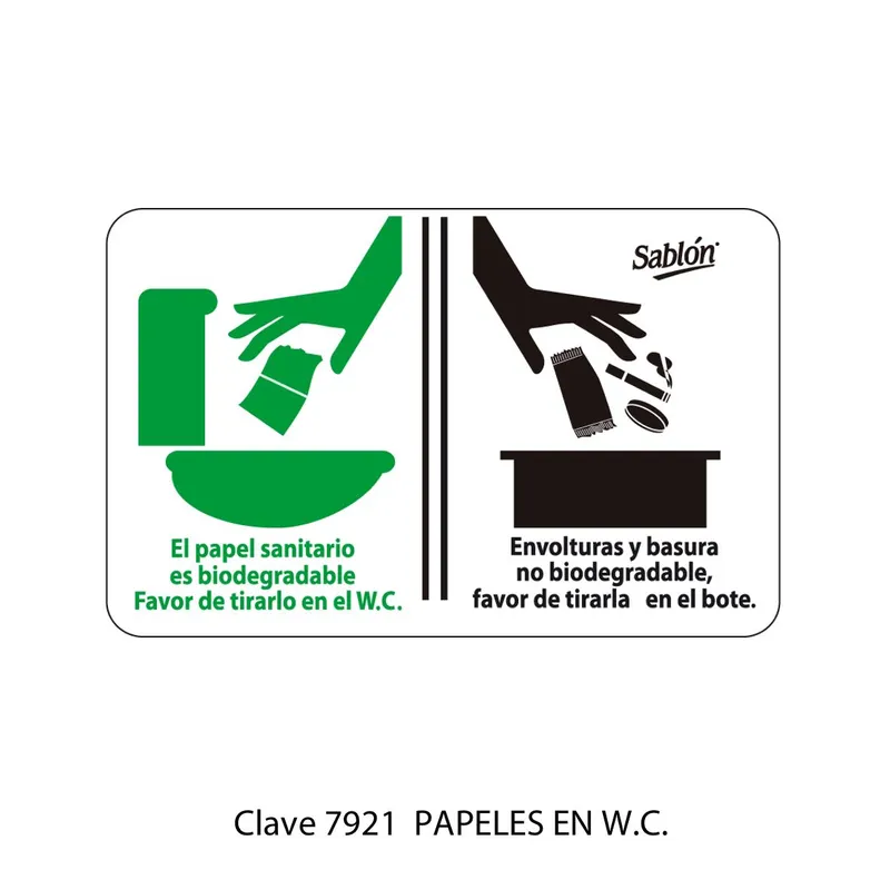Señal poner papel en el wc — Placa Rígida Autoadherible Mediana — Visibilidad de 0 a 8 metros