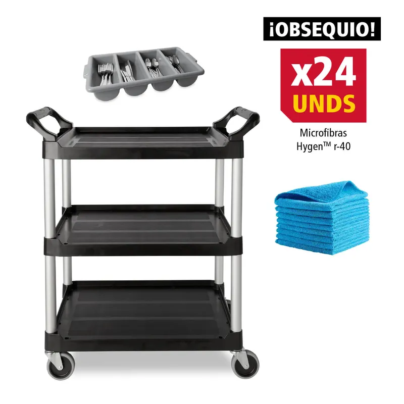 Combo 6: Carro utilitario de servicio + Organizador de cubiertos gris + Paño de microfibra HYGEN™ r-40 (24 pzs)