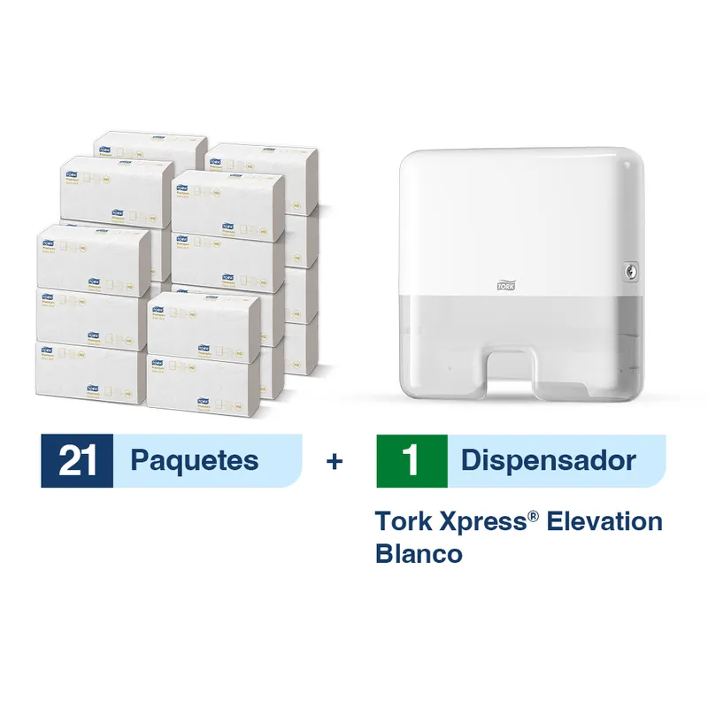Tork Xpress® Dispensador de Toalla Interdoblada Mini Blanco  + 21 paq toallas | 100 pzas c/u