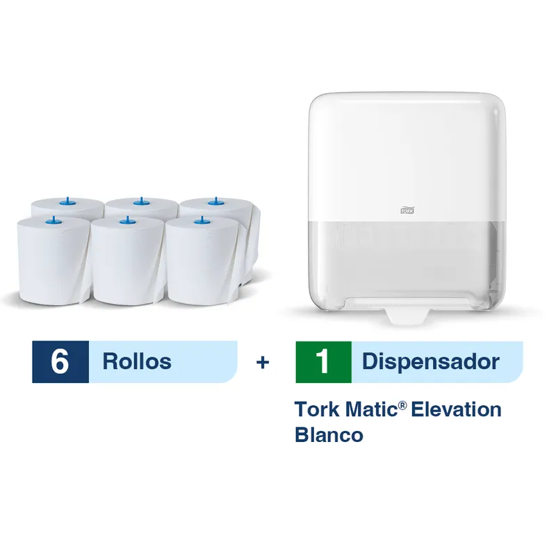 Tork Matic® Dispensador de Toallas de papel en rollo para manos Manual Blanco + Caja con 6 rollos 180 m c/u