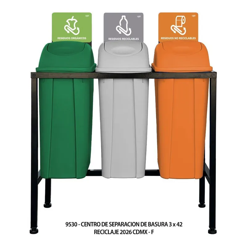 Centro de Separacion de Basura — 42 Litros — Reciclaje 2026 Cdmx — Verde, Gris y Naranja
