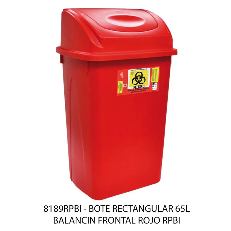 Bote de Basura Rectangular — para residuos biológicos peligrosos e infecciosos — 65 litros — con Balancín Frontal