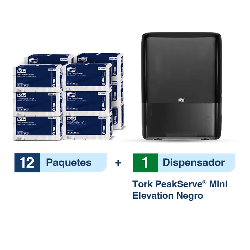 Tork PeakServe® Dispensador Mini de Toallas de papel para manos Continua Negro + 12 paq toallas | 410 pzas c/u