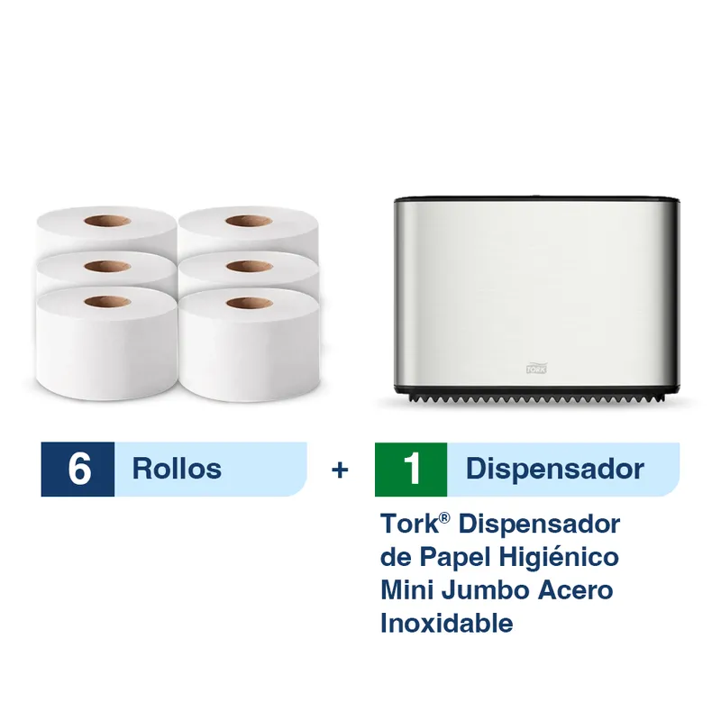 Tork® Dispensador de Papel Higiénico Acero Inoxidable Mini Jumbo + Caja con 6 Rollos Premium 200 m c/u