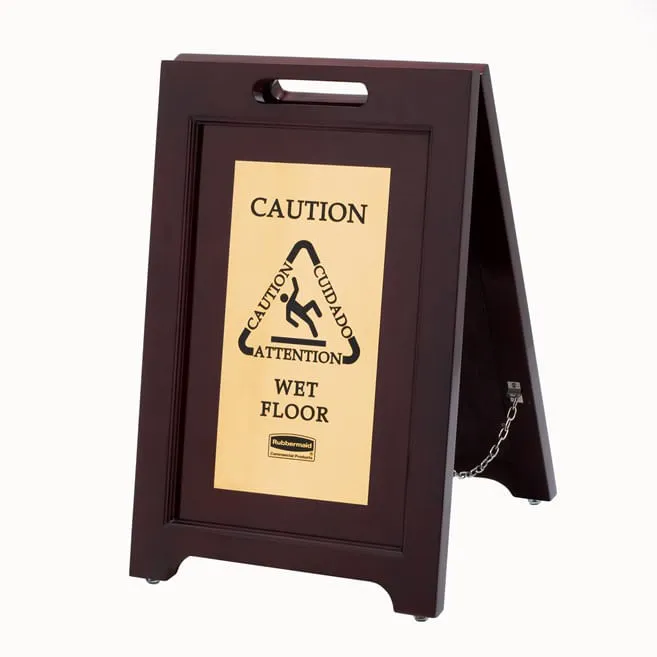 Señal de “Precaución” multilingüe de madera Executive Series™, doble cara, 56 cm, color dorado