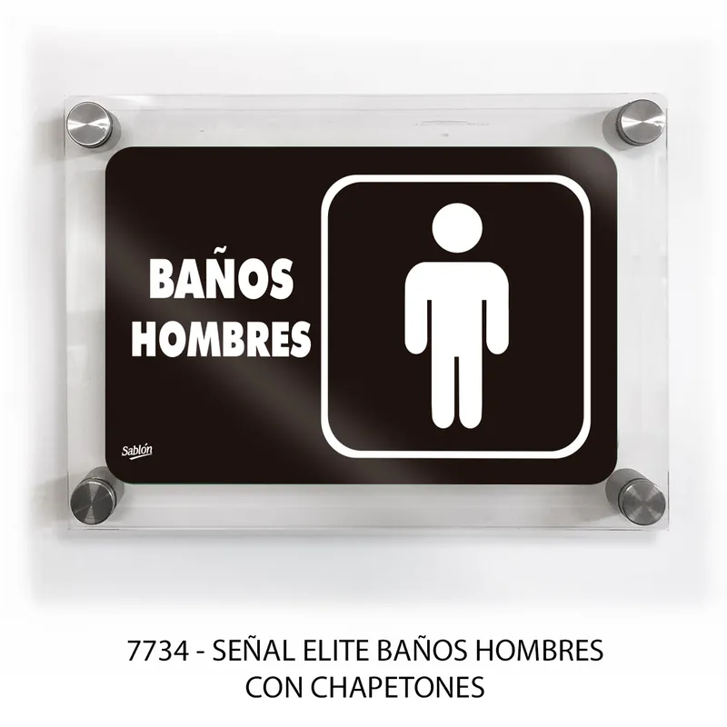 Señal de Baños Hombres — Placa de Acrílico Autoadherible Elite — Visibilidad de 0 a 12 metros