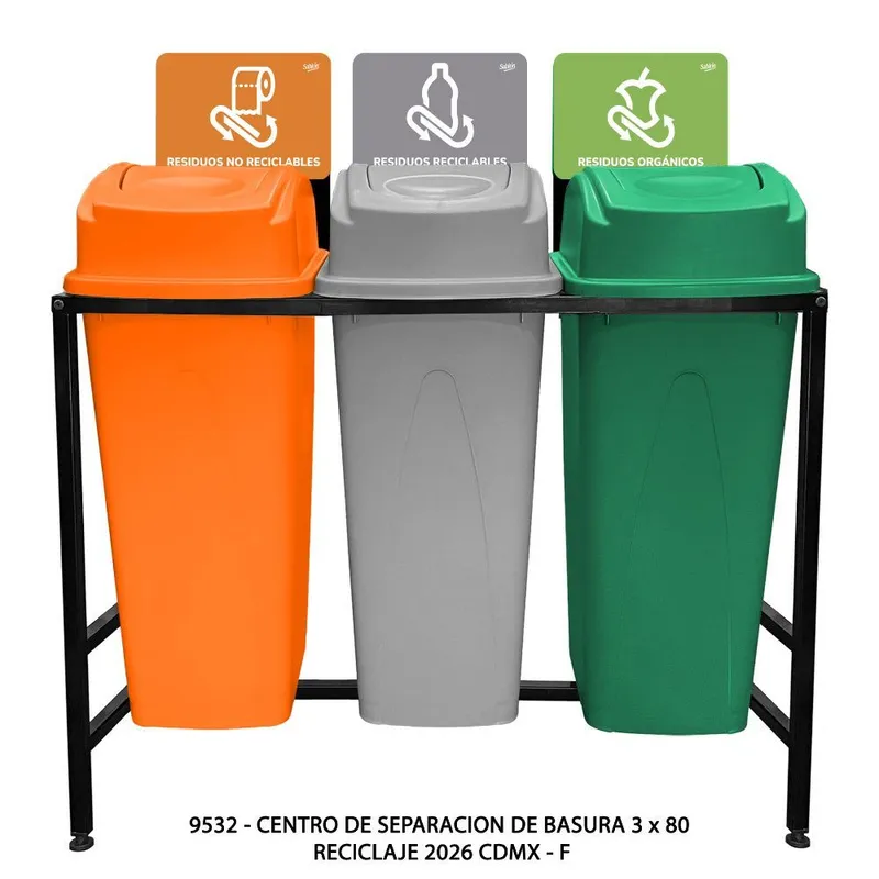 Centro de Separacion de Basura — 80 Litros — Reciclaje 2026 Cdmx — Verde, Gris y Naranja