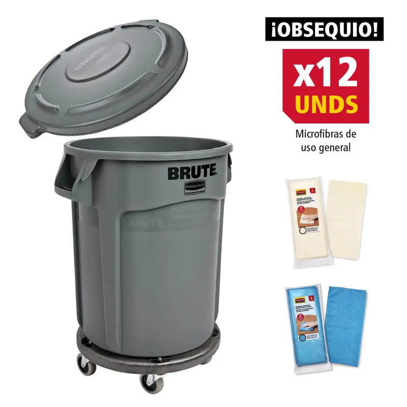 Combo 2 BRUTE®: Tapa para Contenedor + Plataforma Dolly con ruedas para contenedores +Contenedor de basura (121 L) + Pack 2 de microfibra 12 UND