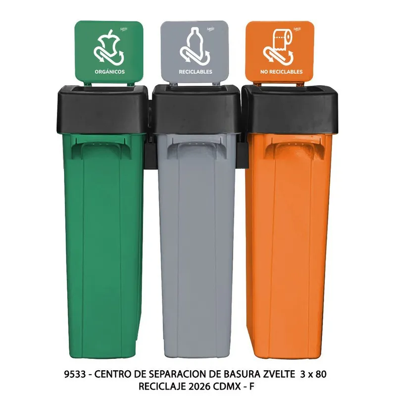 Centro de Separacion de Basura Zvelte — 87 Litros — Reciclaje 2026 Cdmx — Verde, Gris y Naranja