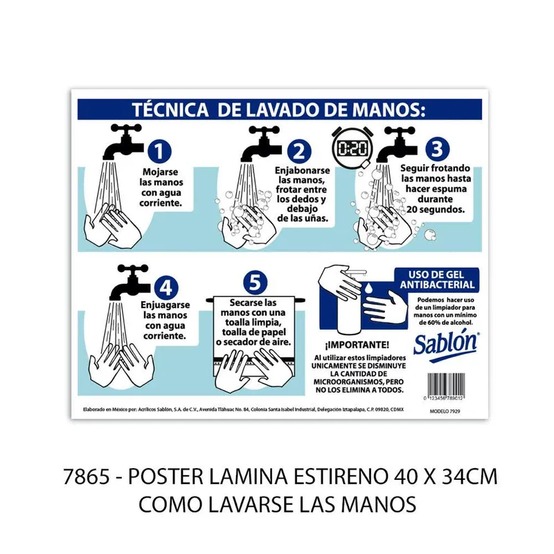 Señal de cómo lavarse las manos — Señal de Acrílico Elite — Visibilidad de 0 a 8 metros