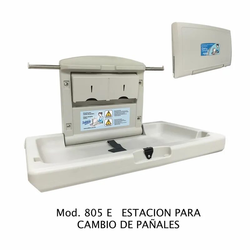 Estación para cambio de pañales — Barras para colgar la bolsa o pañalera — Dispensador de toallas limpiadoras